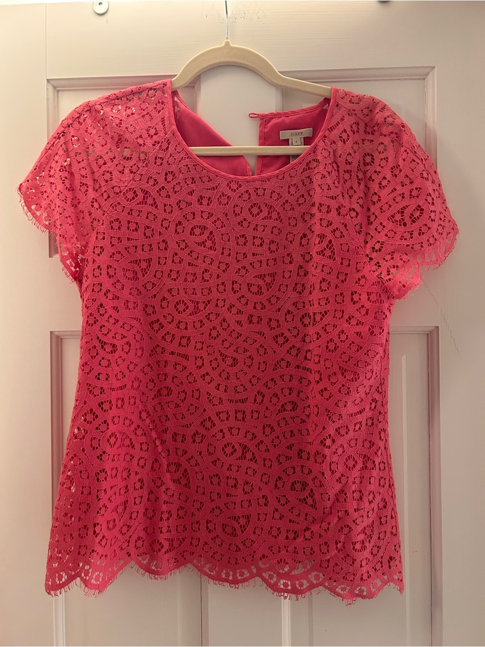 J. Crew Coral-Pink Lace Overlay Short-Sleeve Blouse